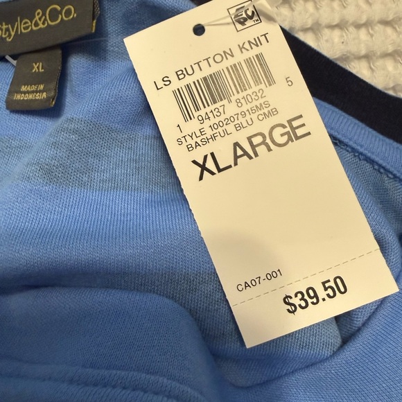 Style & Co. Long Sleeve Striped Button Trim Knit Top Tee Bashful Blue NWT XL - Picture 9 of 14